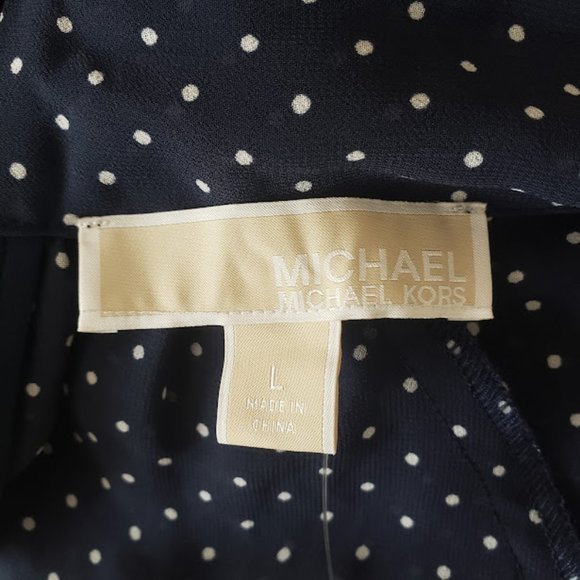SOLD Michael Kors Womens Dress Large Polka Dot Georgette Tie-Neck Navy Poet Slv - Picture 9 of 12